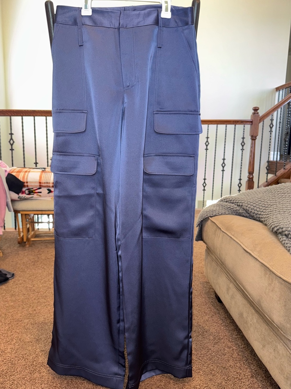 The Noli Shop Navy Satin Wide-Leg Cargo Pants